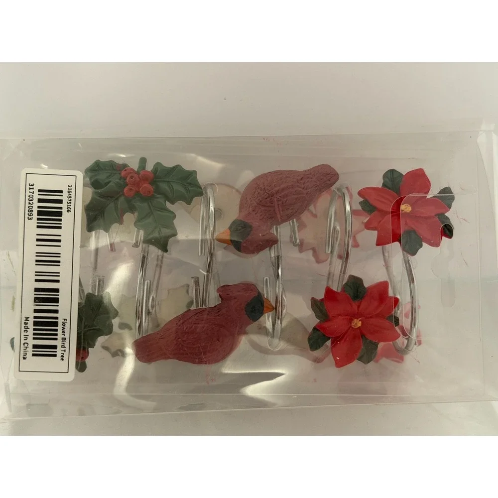 Christmas Shower Curtain Hooks Set 12 Cardinal Poinsettia Holly New in Box